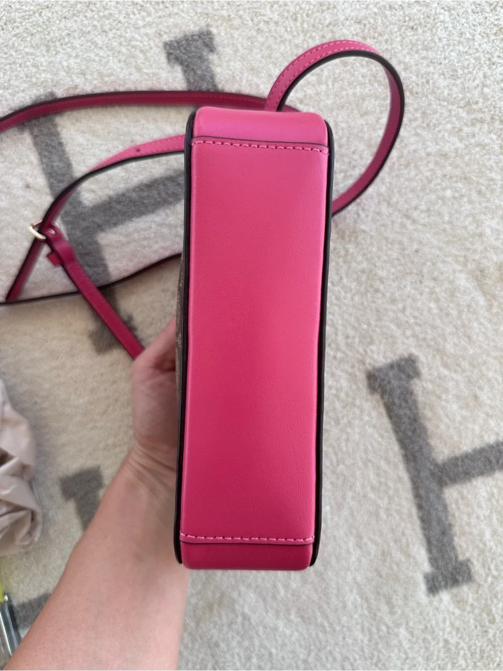 Coach Brown Signature Canvas Crossbody with Pink Trim